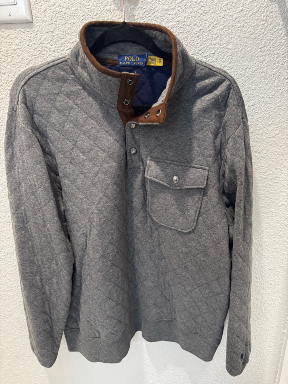 Polo by Ralph Lauren Quilted Gray Pullover Zip-Up with Brown Trim